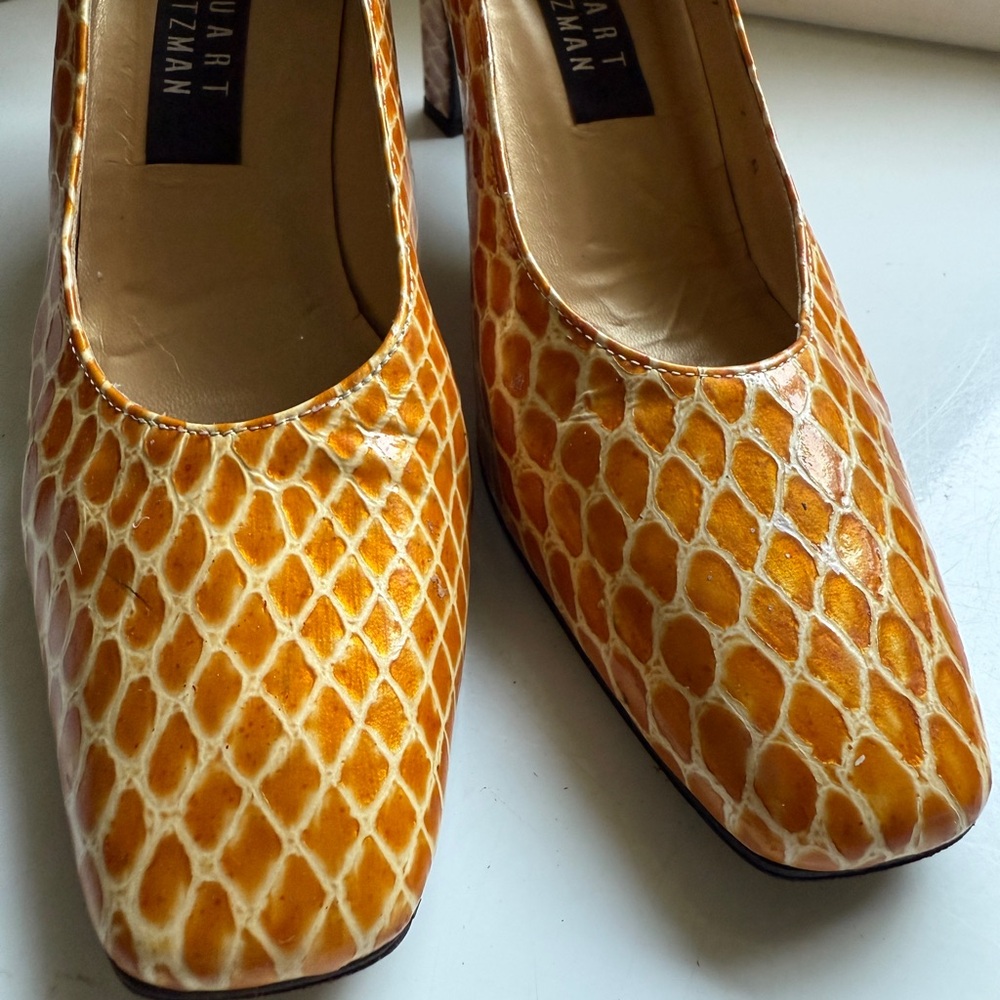 Stuart Weitzman Orange Patterned Block Heel Pumps… - image 3